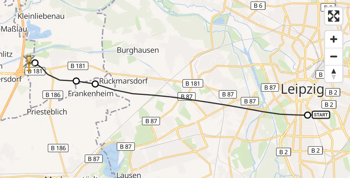 Flugroute Rettungshubschrauber Leipzig University Hospital Heliport 1 - ADAC Air Rescue Station Leipzig/Schkeuditz-Dölzig Hubschrauberlandeplatz (Christoph 61), 29 Mai 2026, 12:13