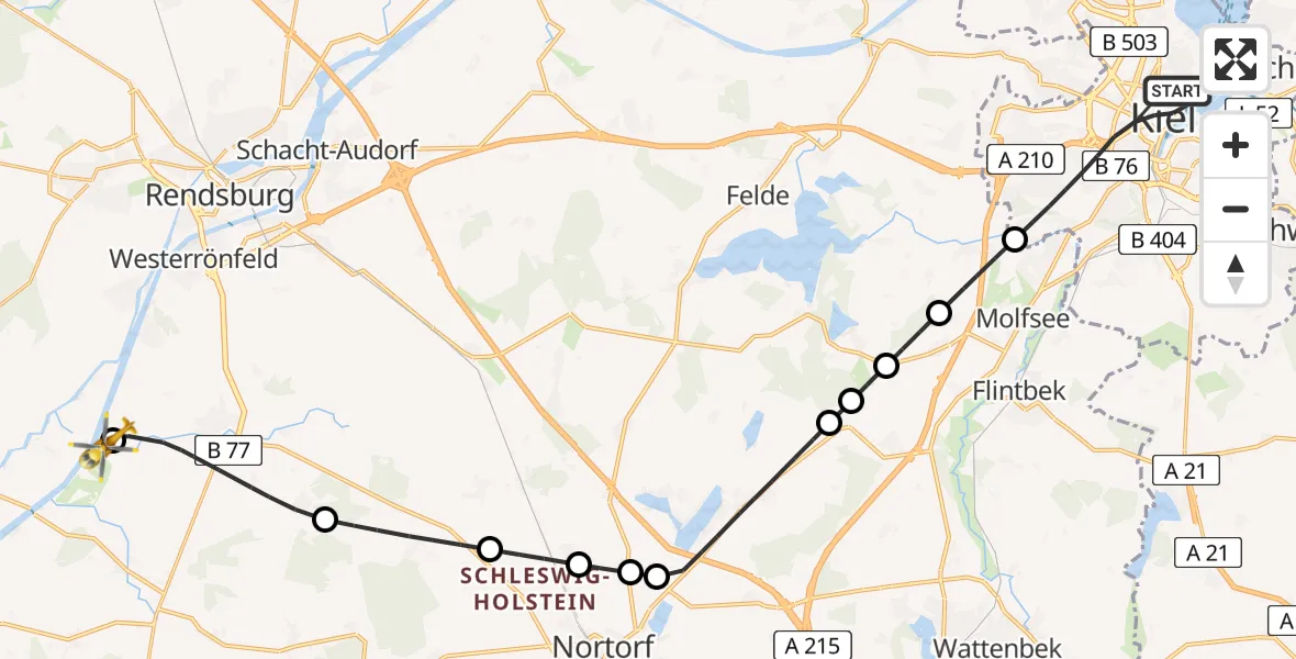 Flugroute Ambulanzhubschrauber Kiel - Schülp b.Rendsburg, 29 Mai 2026, 12:13