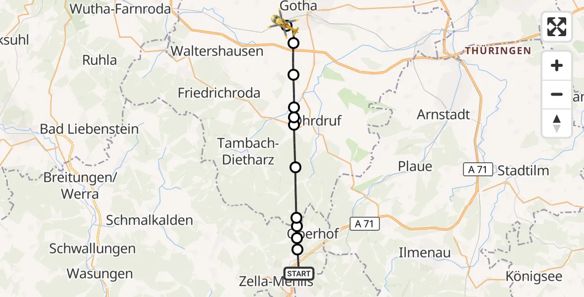Flugroute Rettungshubschrauber Zella-Mehlis - Helios Clinic Gotha, 29 Mai 2026, 12:17