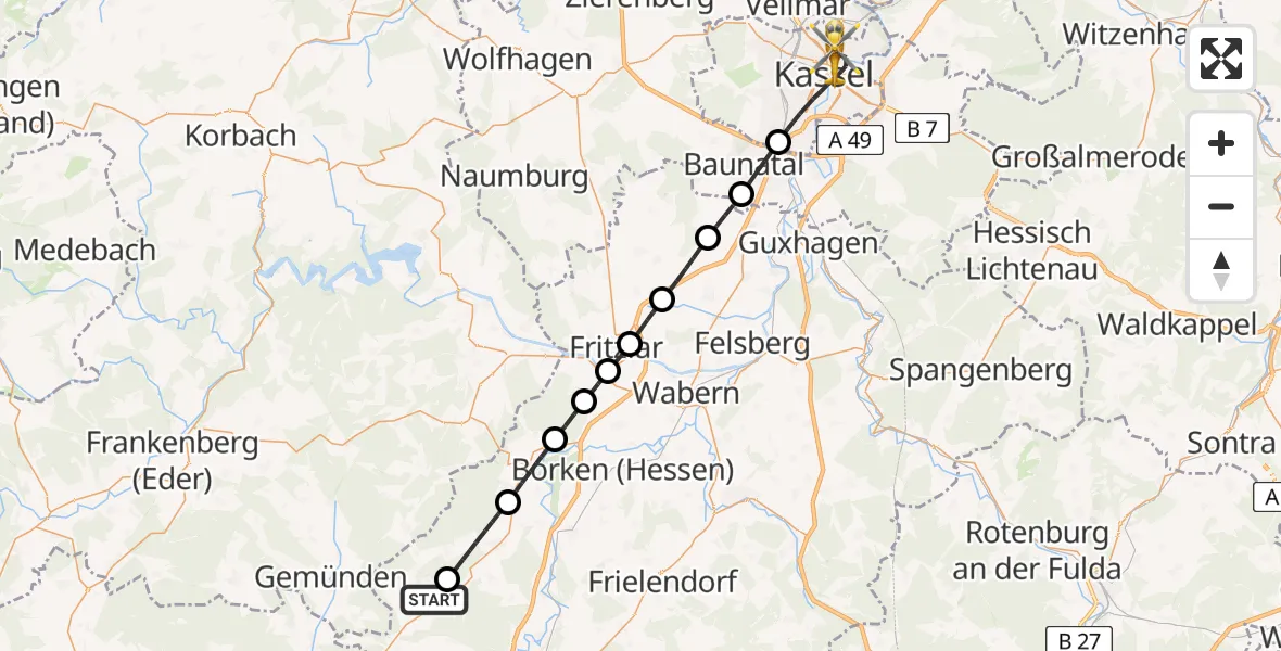 Flugroute Rettungshubschrauber Gilserberg - Kassel, 29 Mai 2026, 12:19