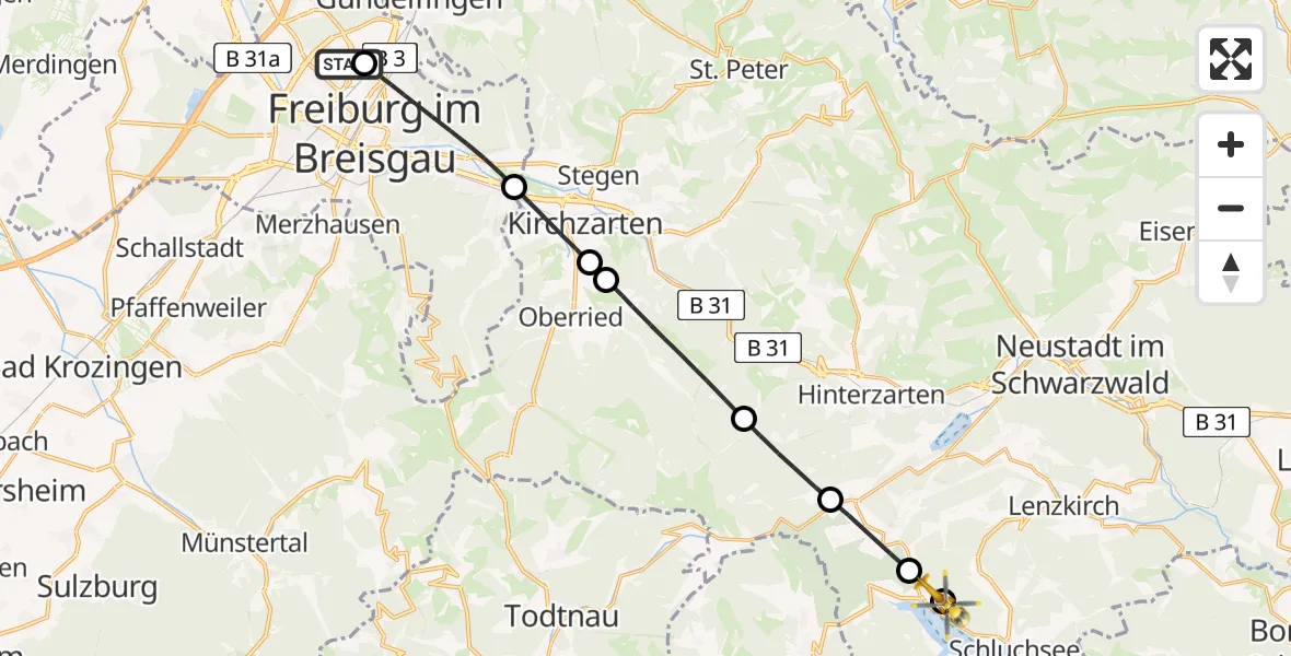 Flugroute Rettungshubschrauber Freiburg im Breisgau Flugplatz - Schluchsee, 29 Mai 2026, 12:24