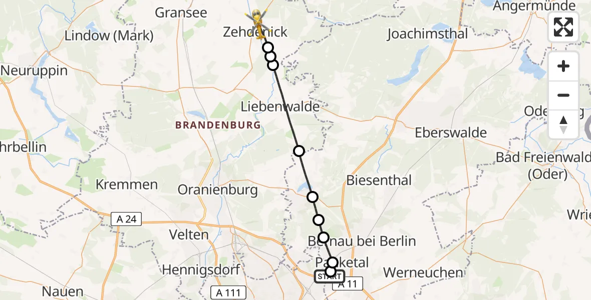 Flugroute Rettungshubschrauber Helios Clinic Berlin-Buch - Zehdenick, 29 Mai 2026, 12:33