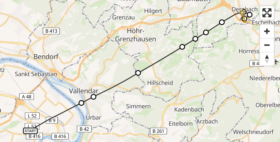 Flugroute Rettungshubschrauber Koblenz - Dernbach Sacred Heart Hospital, 29 Mai 2026, 12:39
