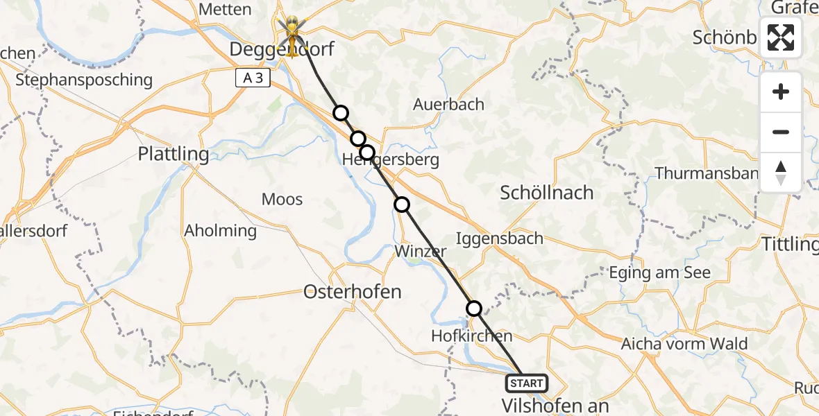 Flugroute Rettungshubschrauber Hofkirchen - Deggendorf, 29 Mai 2026, 12:41