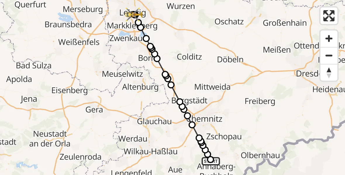 Flugroute Rettungshubschrauber Thermalbad Wiesenbad - Leipzig University Hospital Heliport 1, 29 Mai 2026, 12:50