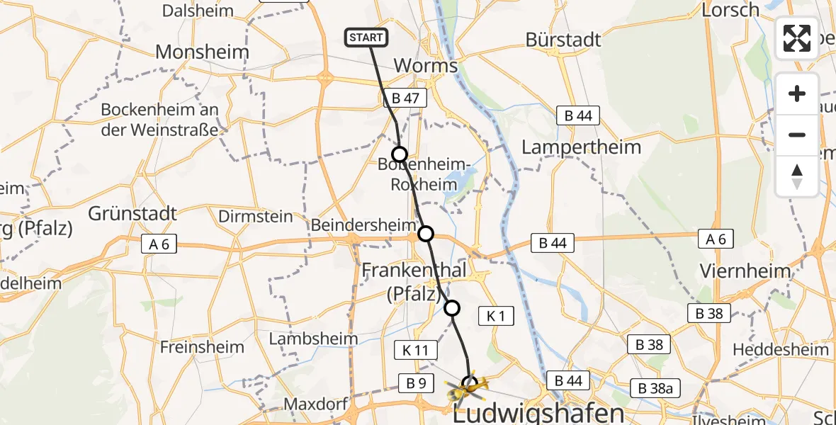 Flugroute Rettungshubschrauber Worms - Ludwigshafen Accident Hospital, 29 Mai 2026, 12:51