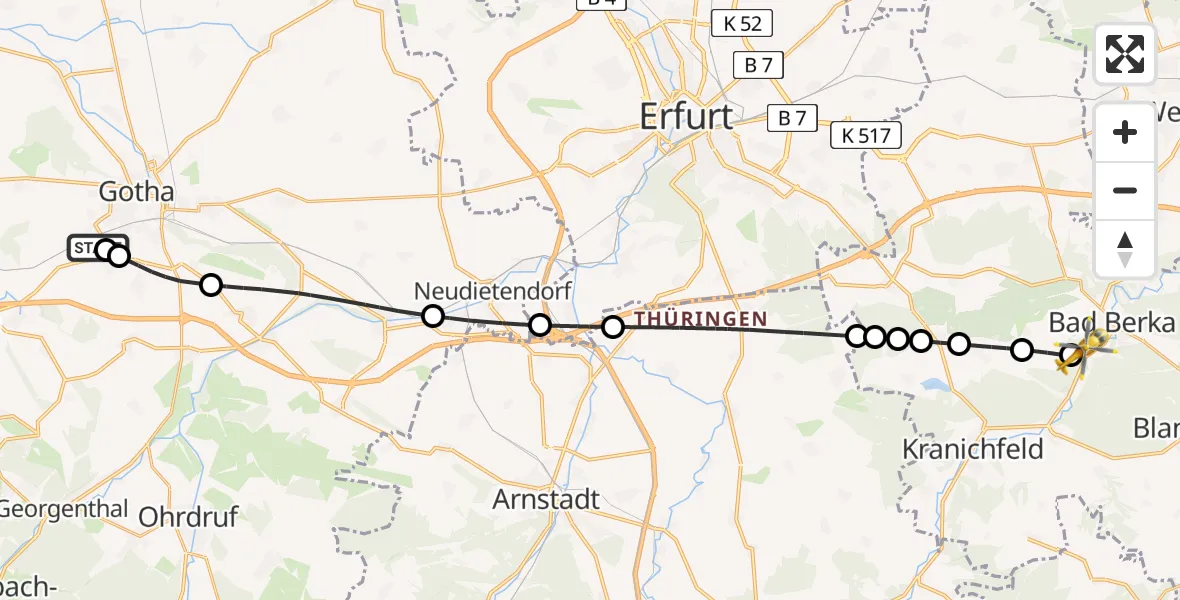 Flugroute Rettungshubschrauber Helios Clinic Gotha - Bad Berka Central Hospital, 29 Mai 2026, 12:56