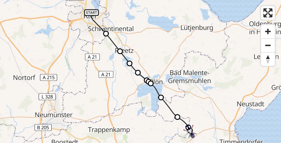Flugroute Polizeihubschrauber Kiel - Christoph 12 Luftrettungszentrum, 29 Mai 2026, 12:57