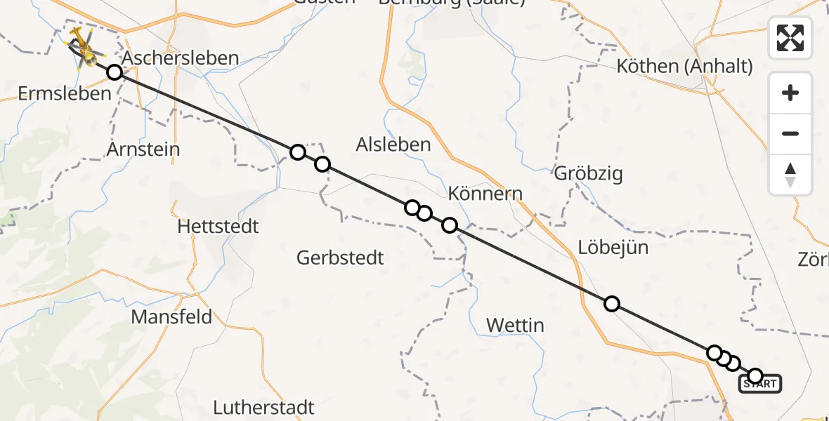Flugroute Rettungshubschrauber Halle-Oppin Flugplatz - Falkenstein/Harz, 29 Mai 2026, 12:58