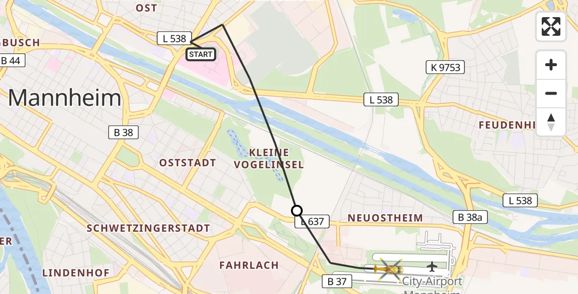Flugroute Rettungshubschrauber Mannheim - Mannheim-City Flughafen, 29 Mai 2026, 13:00