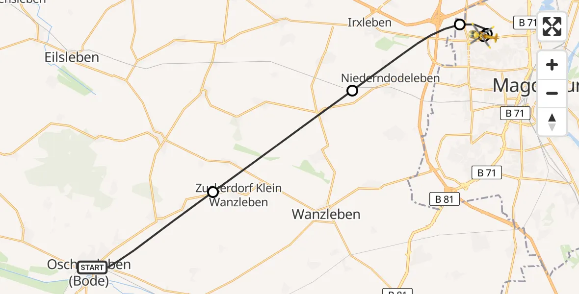 Flugroute Rettungshubschrauber Oschersleben (Bode) - Magdeburg Hospital, 29 Mai 2026, 13:05