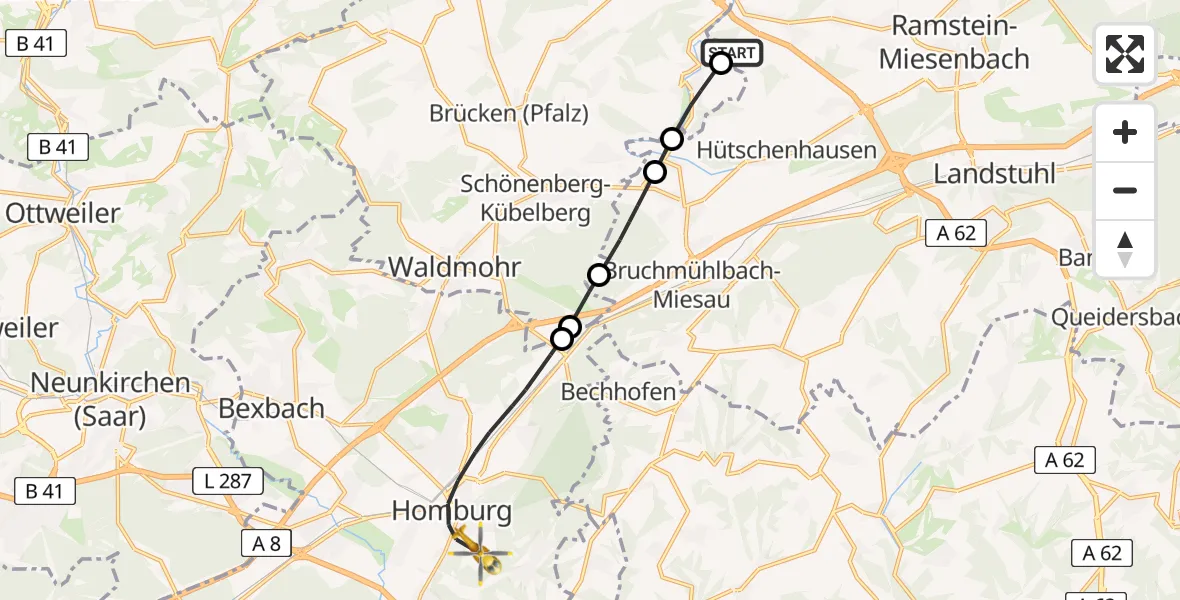 Flugroute Rettungshubschrauber Niedermohr - Homburg, 29 Mai 2026, 13:13