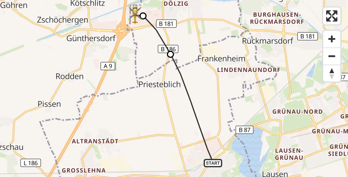 Flugroute Rettungshubschrauber Markranstädt - ADAC Air Rescue Station Leipzig/Schkeuditz-Dölzig Hubschrauberlandeplatz (Christoph 61), 29 Mai 2026, 13:13