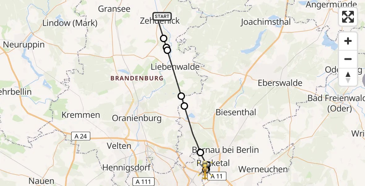 Flugroute Rettungshubschrauber Zehdenick - Helios Clinic Berlin-Buch, 29 Mai 2026, 13:19