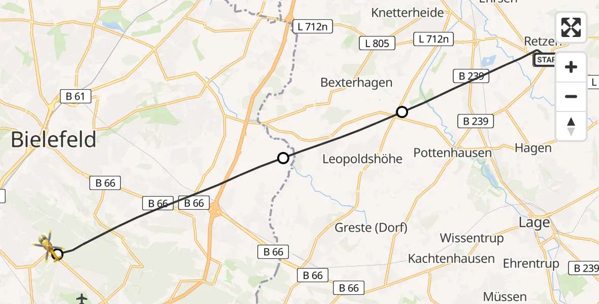 Flugroute Rettungshubschrauber Bad Salzuflen - Luftrettungszentrum Bielefeld, 29 Mai 2026, 13:24