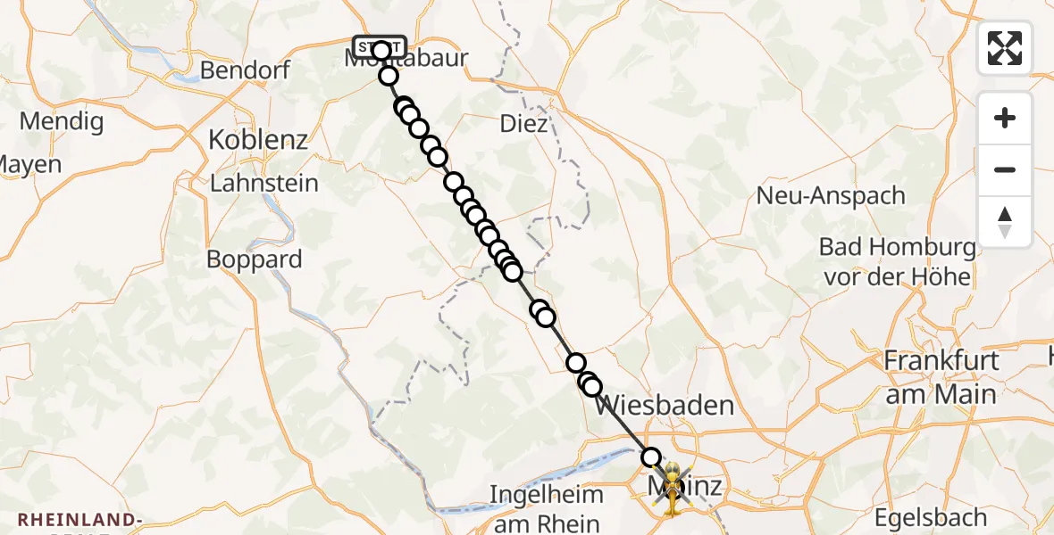 Flugroute Rettungshubschrauber Dernbach Sacred Heart Hospital - Mainz University Hospital, 29 Mai 2026, 13:24