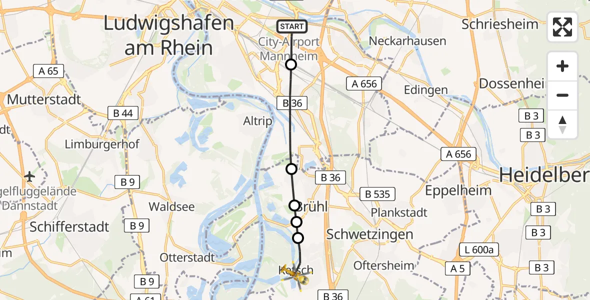 Flugroute Rettungshubschrauber Mannheim-City Flughafen - Ketsch, 29 Mai 2026, 13:27