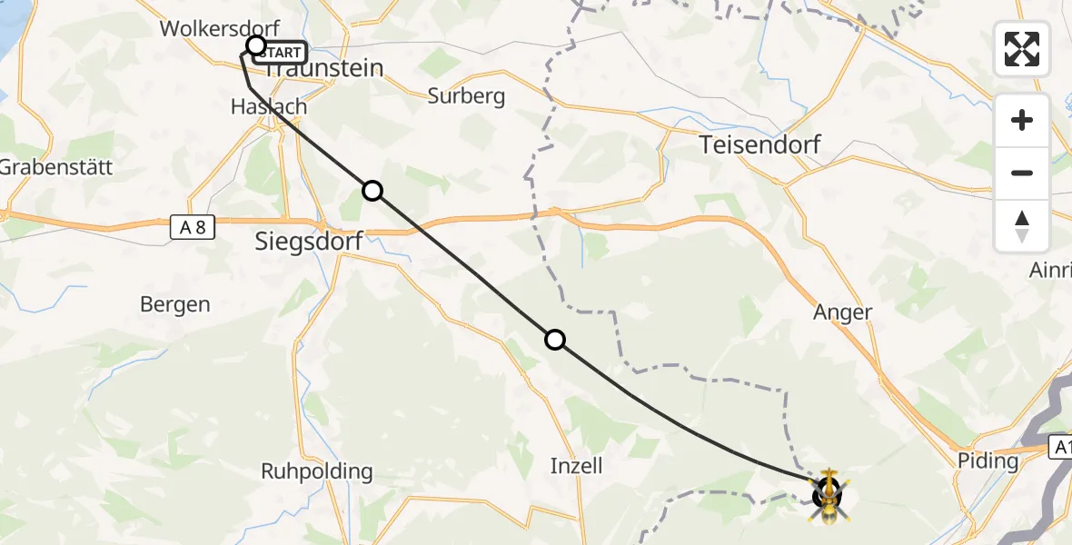 Flugroute Rettungshubschrauber Traunstein Hospital - Piding, 29 Mai 2026, 13:29