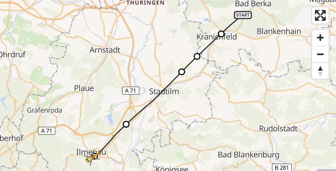 Flugroute Ambulanzhubschrauber Bad Berka - Ilm-Kreis-Kliniken Arnstadt-Ilmenau Hubschrauberlandeplatz, 29 Mai 2026, 13:31