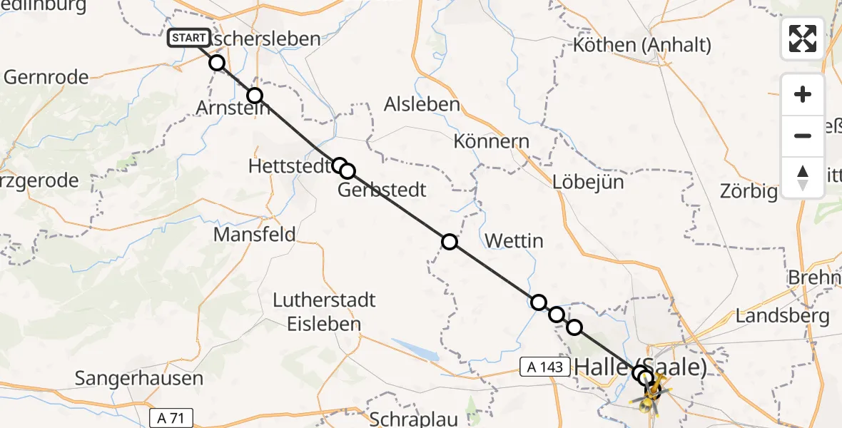 Flugroute Rettungshubschrauber Falkenstein/Harz - BG Hospital Bergmannstrost Halle, 29 Mai 2026, 13:35