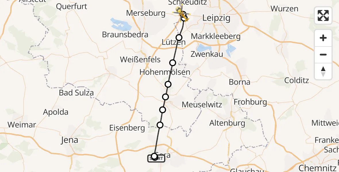 Flugroute Rettungshubschrauber SRH Wald-Klinikum Gera Hospital - ADAC Air Rescue Station Leipzig/Schkeuditz-Dölzig Hubschrauberlandeplatz (Christoph 61), 29 Mai 2026, 13:37