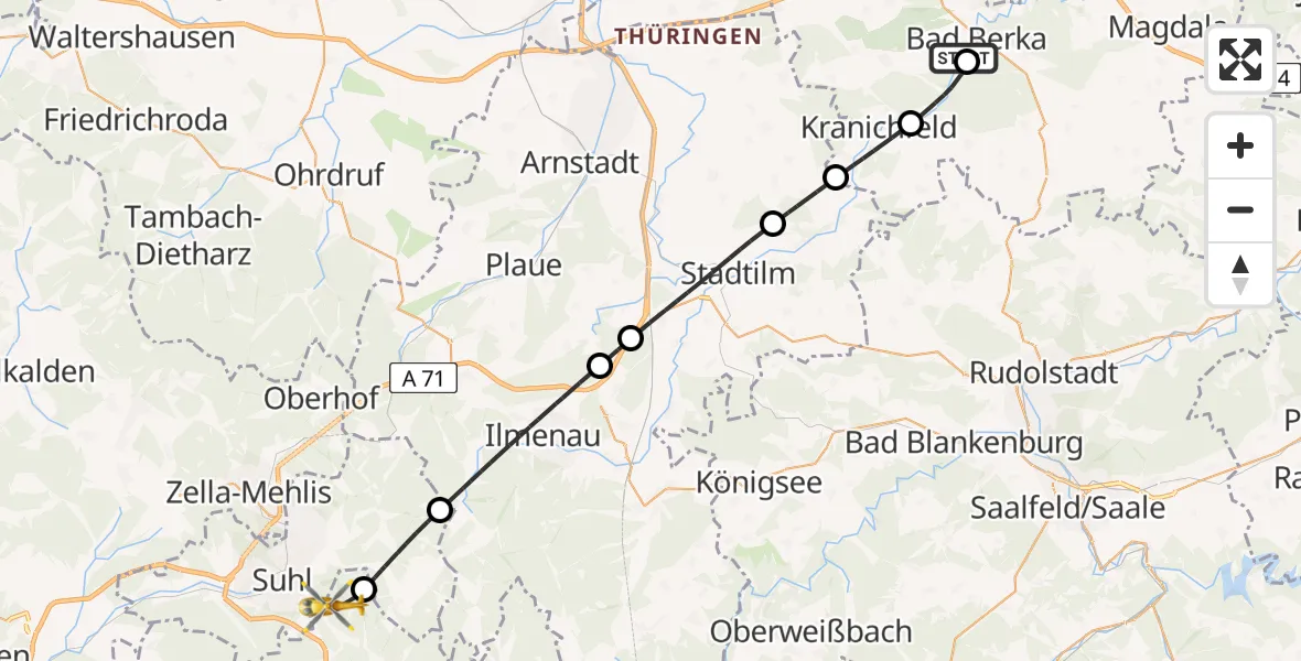 Flugroute Rettungshubschrauber Bad Berka Central Hospital - Schleusingen, 29 Mai 2026, 13:37