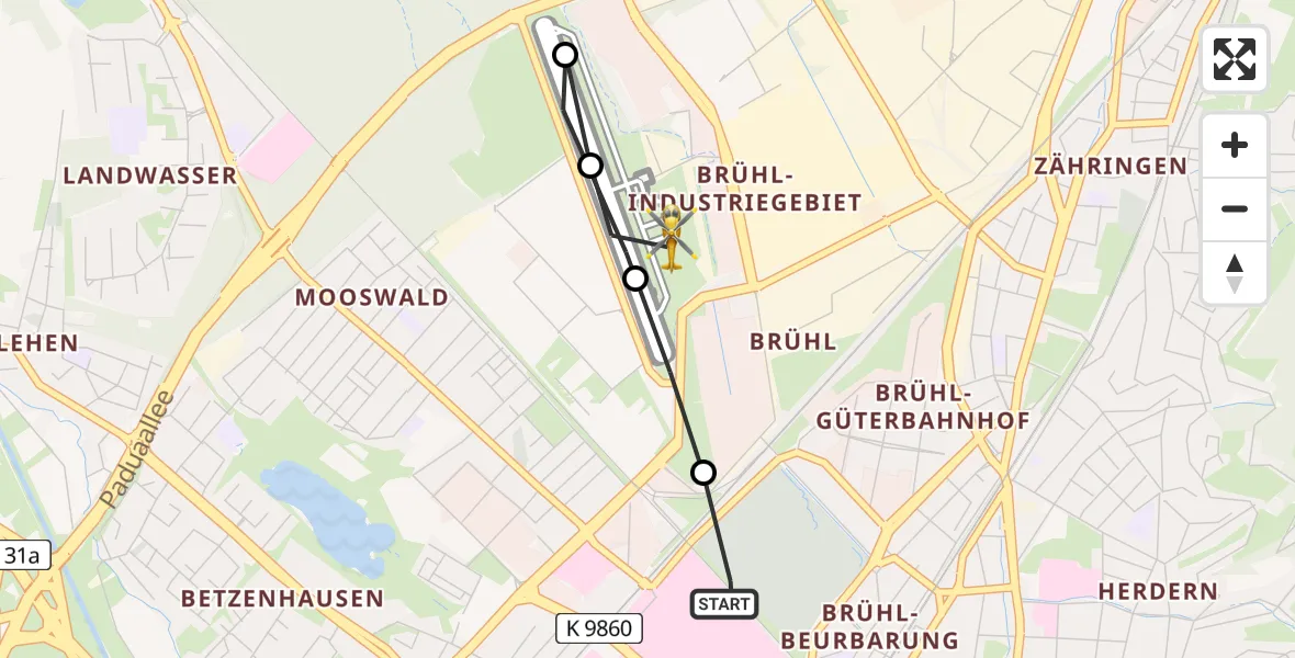 Flugroute Rettungshubschrauber Freiburg University Hospital Heliport 1 - Freiburg im Breisgau Flugplatz, 29 Mai 2026, 13:39
