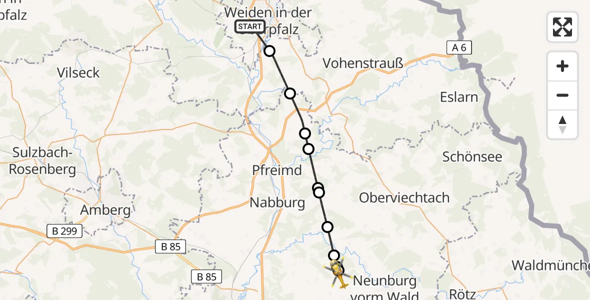Flugroute Rettungshubschrauber Weiden i.d.OPf. - Schwarzhofen, 29 Mai 2026, 13:39