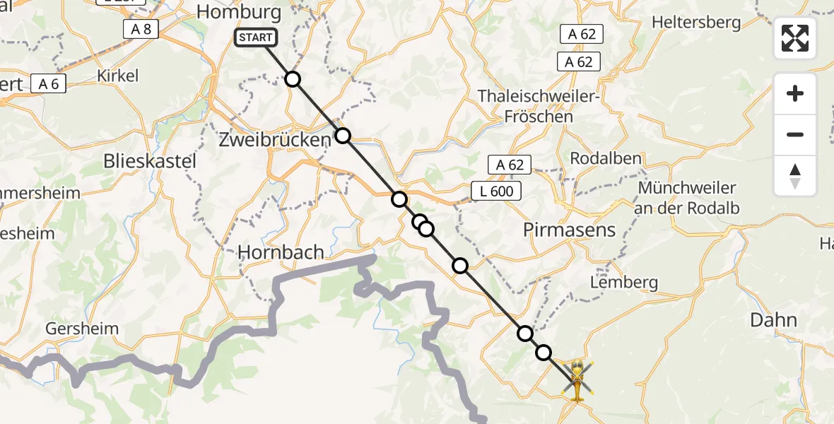 Flugroute Rettungshubschrauber Homburg - Eppenbrunn, 29 Mai 2026, 13:40