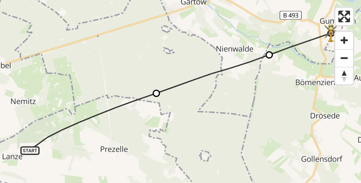 Flugroute Rettungshubschrauber Prezelle - Schnackenburg, 29 Mai 2026, 13:53