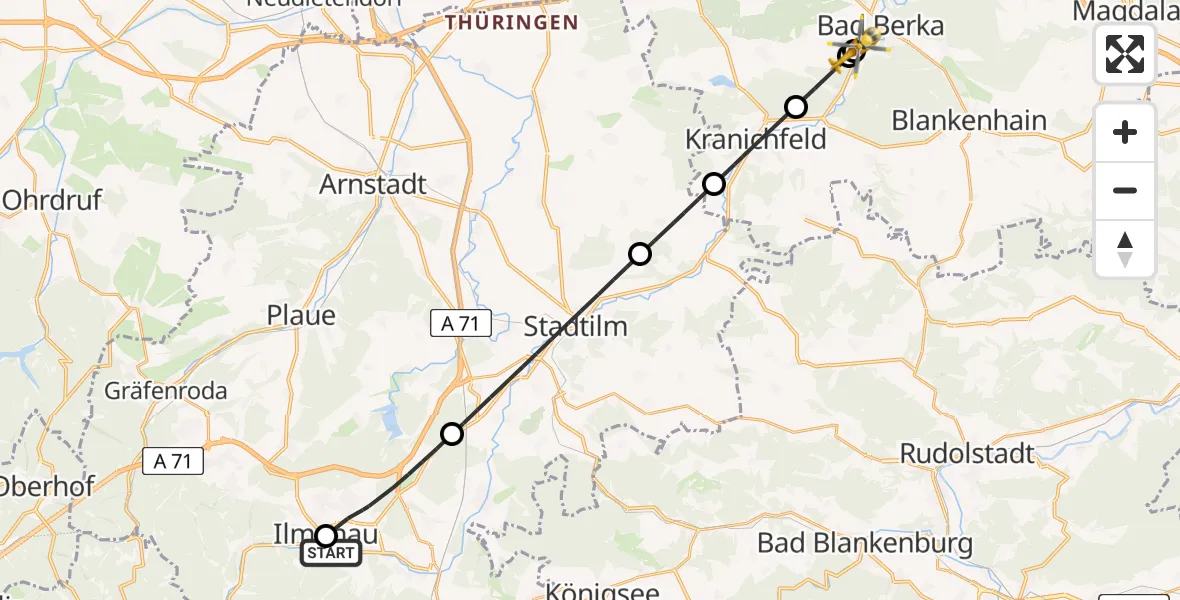 Flugroute Ambulanzhubschrauber Ilm-Kreis-Kliniken Arnstadt-Ilmenau Hubschrauberlandeplatz - Bad Berka Central Hospital, 29 Mai 2026, 13:55