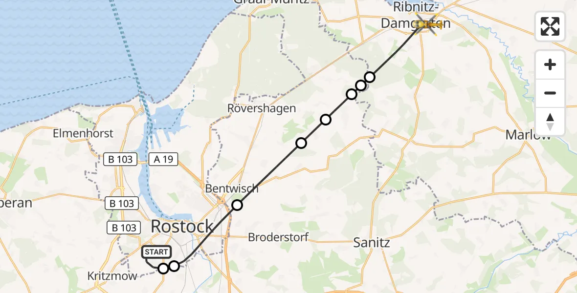 Flugroute Rettungshubschrauber Rostock - Ribnitz-Damgarten, 29 Mai 2026, 14:00