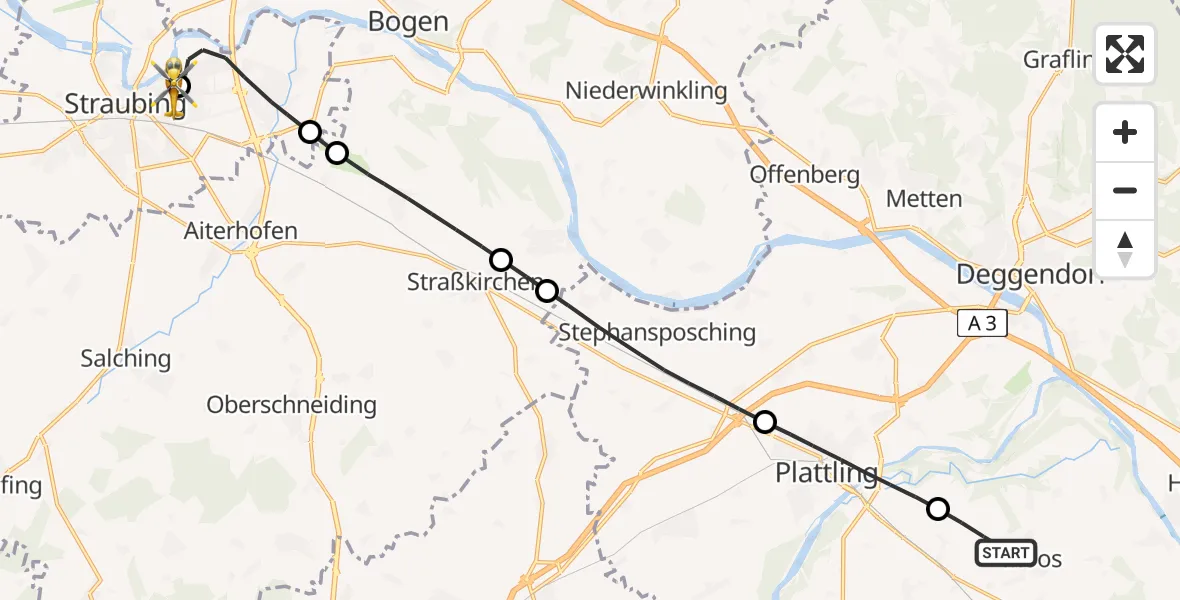Flugroute Rettungshubschrauber Moos - Sankt Elisabeth Hospital Straubing, 29 Mai 2026, 14:00