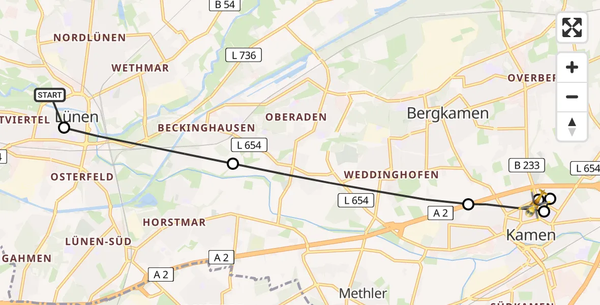 Flugroute Rettungshubschrauber Sankt Marien Hospital - Kamen Hospital Hubschrauberlandeplatz, 29 Mai 2026, 14:01