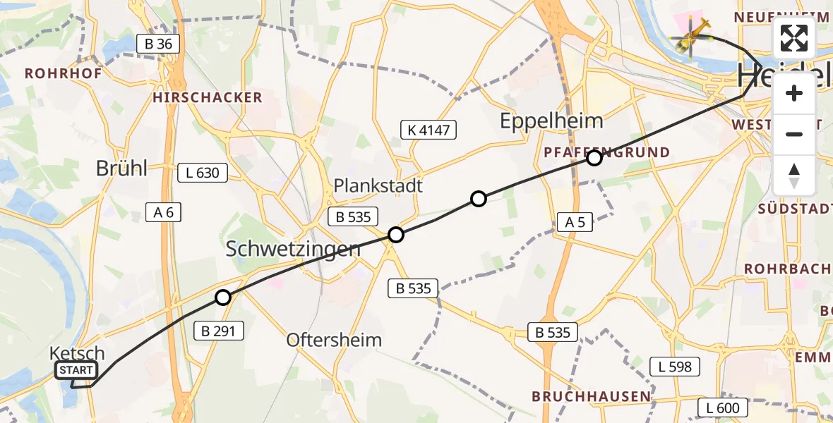 Flugroute Rettungshubschrauber Ketsch - Heidelberg, 29 Mai 2026, 14:03