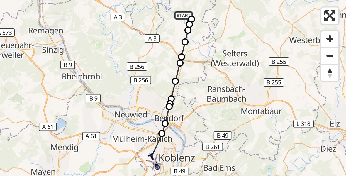 Flugroute Polizeihubschrauber Puderbach - Koblenz, 29 Mai 2026, 14:05
