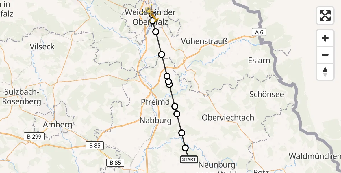 Flugroute Rettungshubschrauber Neunburg vorm Wald - Weiden Hospital, 29 Mai 2026, 14:08