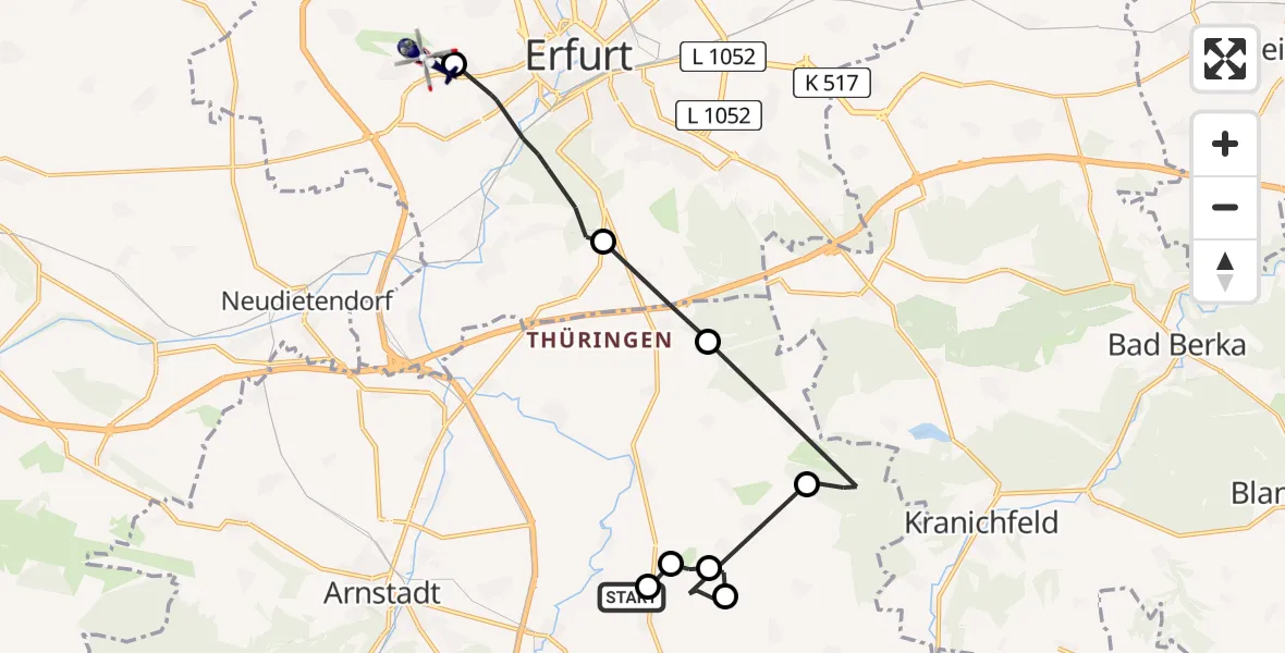 Flugroute Polizeihubschrauber Bösleben-Wüllersleben - Erfurt-Weimar Flughafen, 29 Mai 2026, 14:13