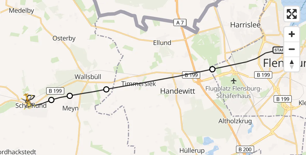 Flugroute Rettungshubschrauber Flensburg - Schafflund, 29 Mai 2026, 14:16