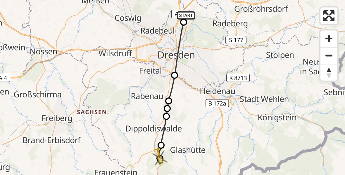 Flugroute Rettungshubschrauber Dresden Flughafen - Glashütte, 29 Mai 2026, 14:25