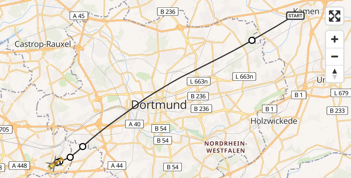 Flugroute Rettungshubschrauber Kamen - Bochum University Miners' Hospital, 29 Mai 2026, 14:26