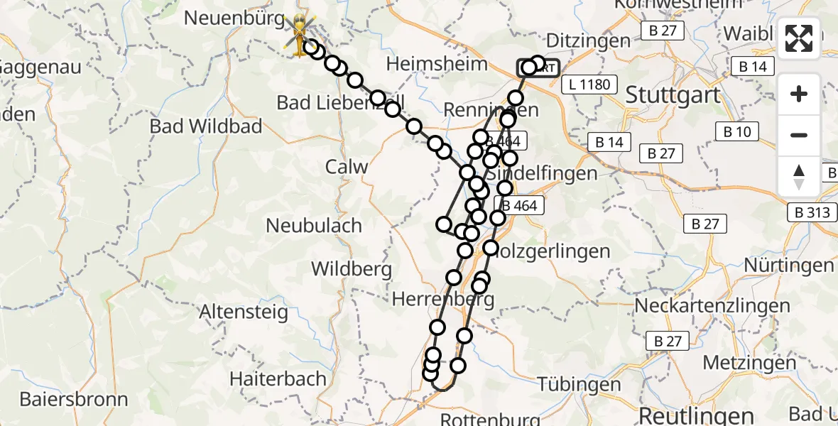 Flugroute Rettungshubschrauber Leonberg Hospital - Engelsbrand, 29 Mai 2026, 14:32