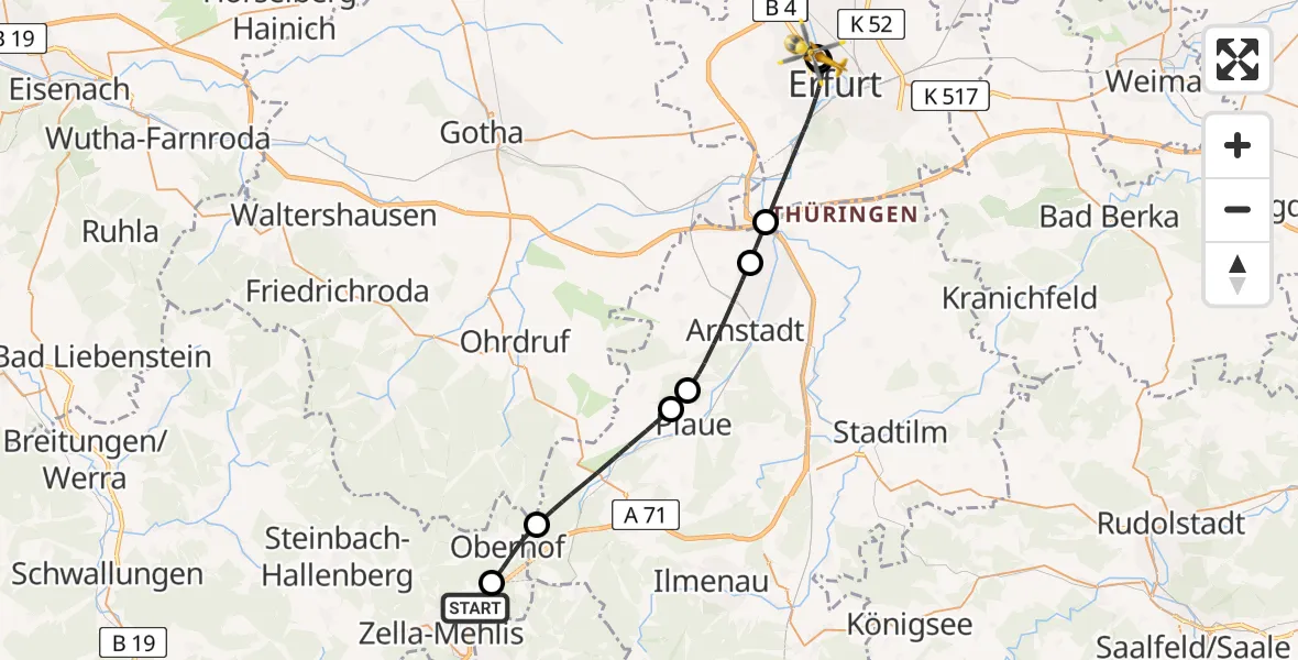 Flugroute Rettungshubschrauber Zella-Mehlis - Helios Clinic Erfurt, 29 Mai 2026, 14:33