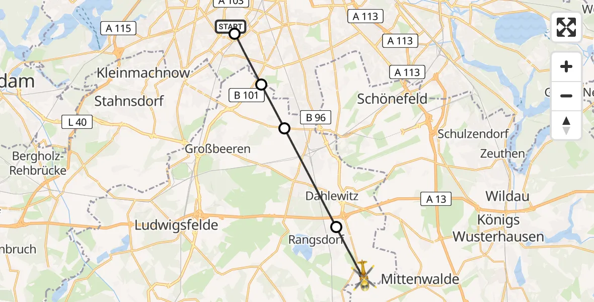 Flugroute Rettungshubschrauber Charité Clinic Benjamin Franklin Campus - Rangsdorf, 29 Mai 2026, 14:34