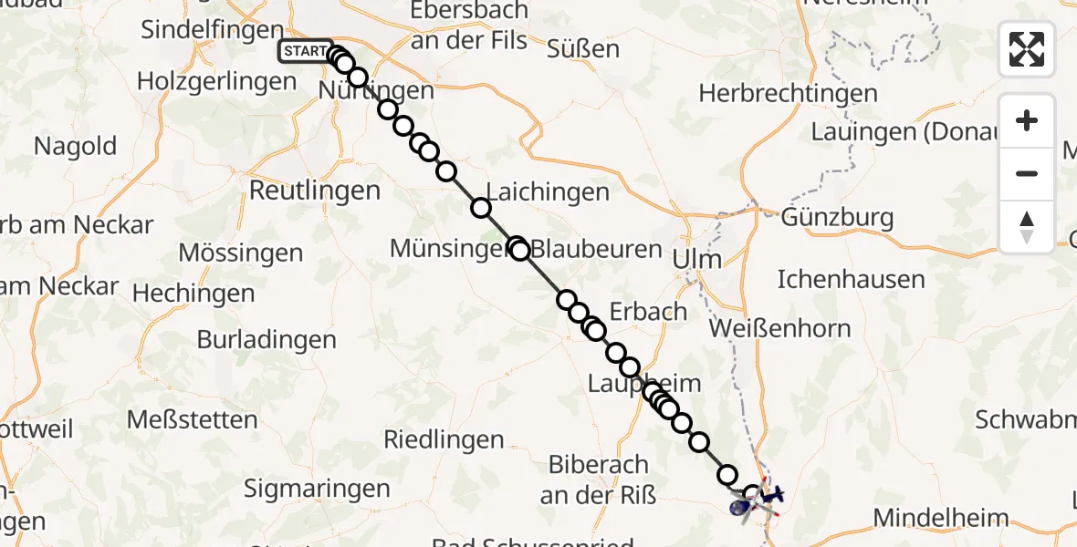 Flugroute Polizeihubschrauber Flughafen Stuttgart - Kirchdorf an der Iller, 29 Mai 2026, 14:37