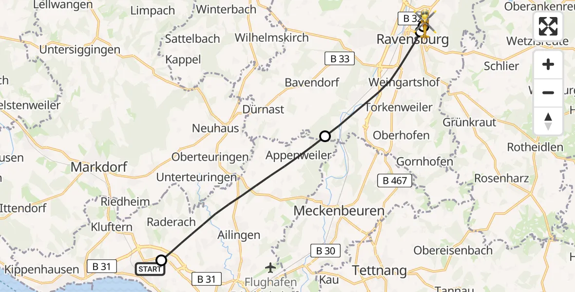 Flugroute Rettungshubschrauber Friedrichshafen Hospital - Sankt Elisabeth Hospital, 29 Mai 2026, 14:38