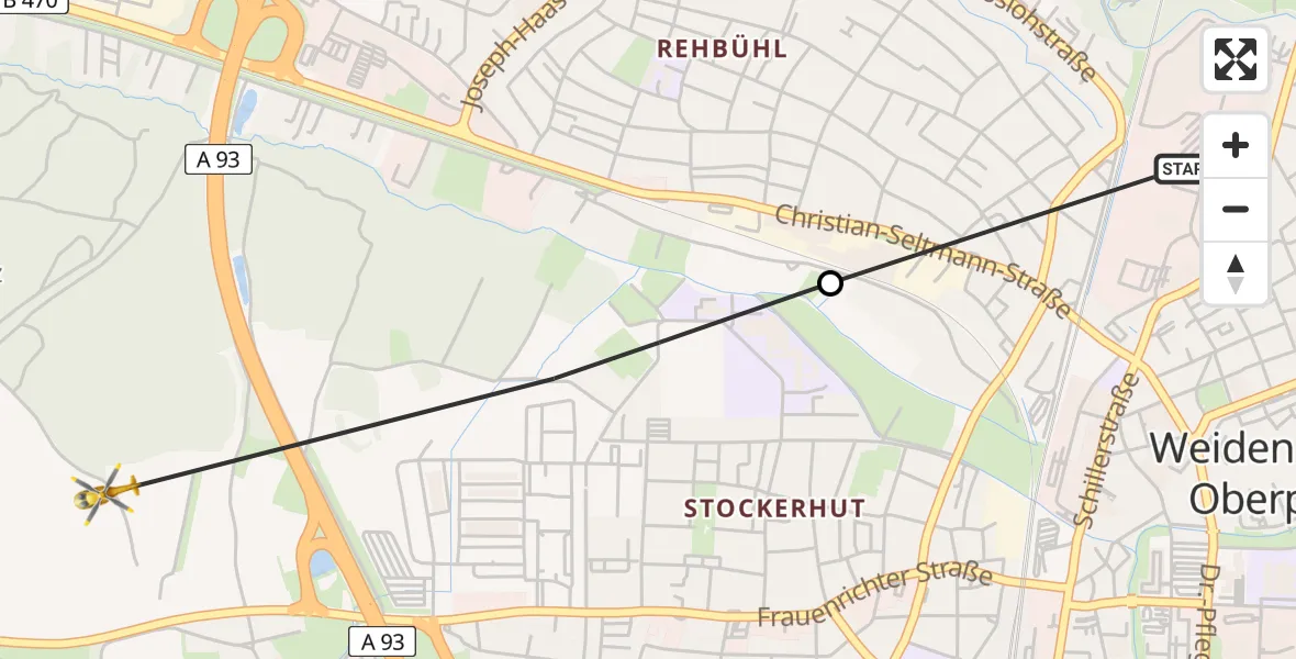 Flugroute Rettungshubschrauber Weiden Hospital - Weiden i.d.OPf., 29 Mai 2026, 14:38