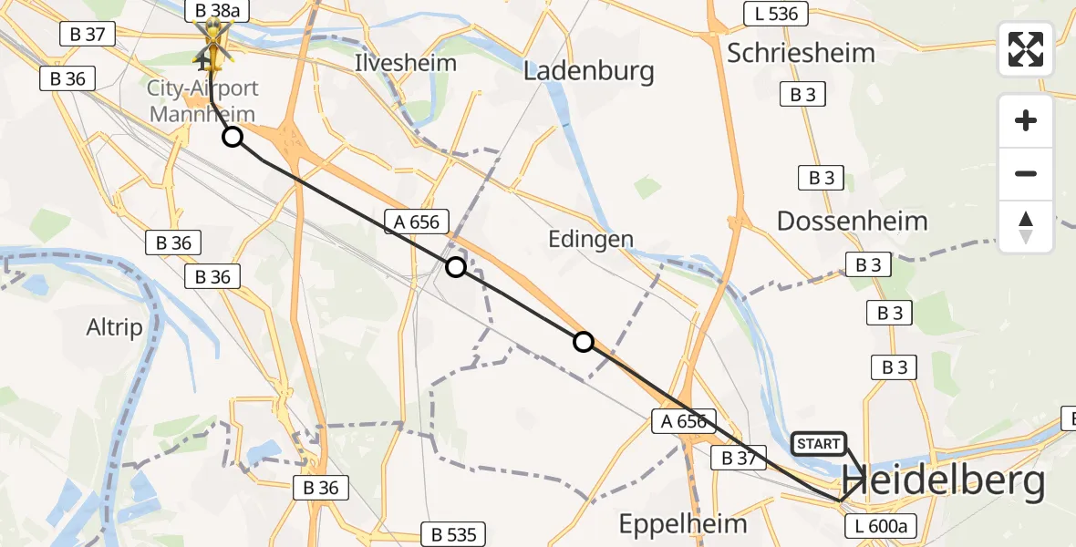 Flugroute Rettungshubschrauber Heidelberg - Mannheim-City Flughafen, 29 Mai 2026, 14:41