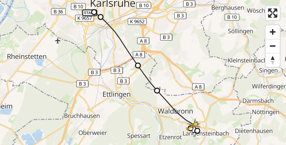 Flugroute Rettungshubschrauber Sankt Vincentius Hospital - Waldbronn, 29 Mai 2026, 14:43