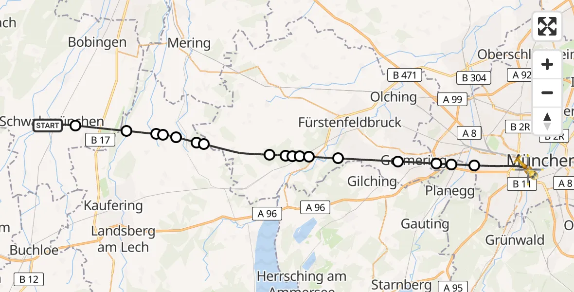Flugroute Rettungshubschrauber Schwabmünchen - München, 29 Mai 2026, 14:49